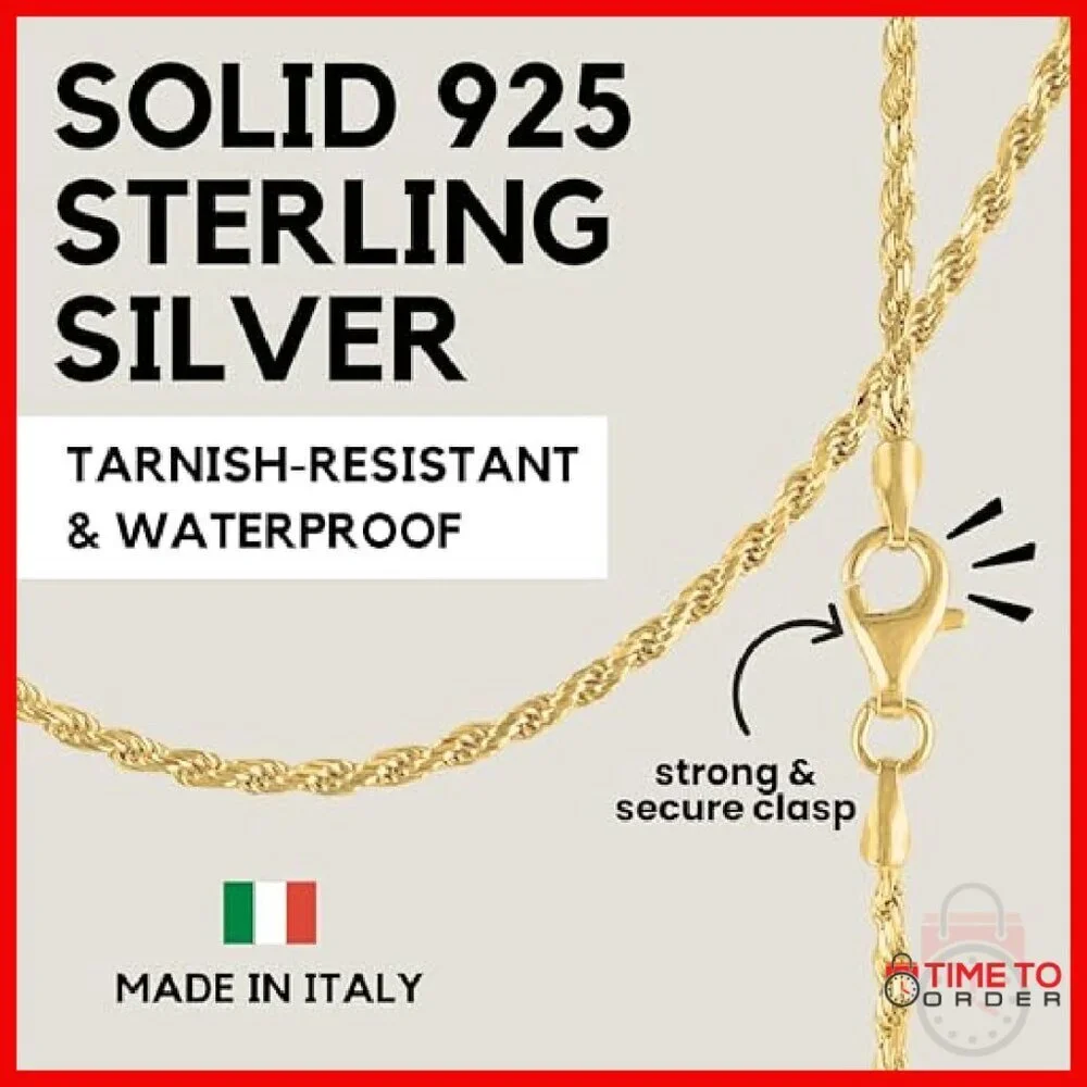 18K Gold Plated Sterling Silver Diamond Cut Rope Chain Necklace 20 Inch